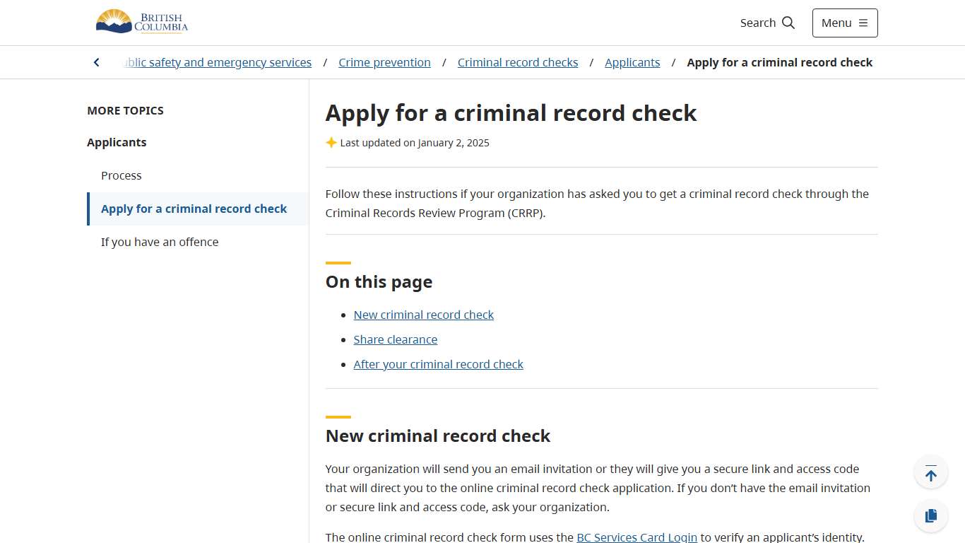 Apply for a criminal record check - Province of British Columbia